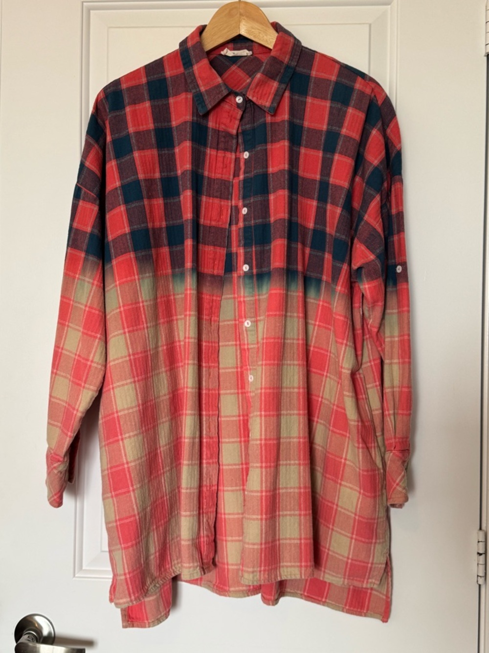 Hummingbird bleach dipped cotton plaid shirt, oversized